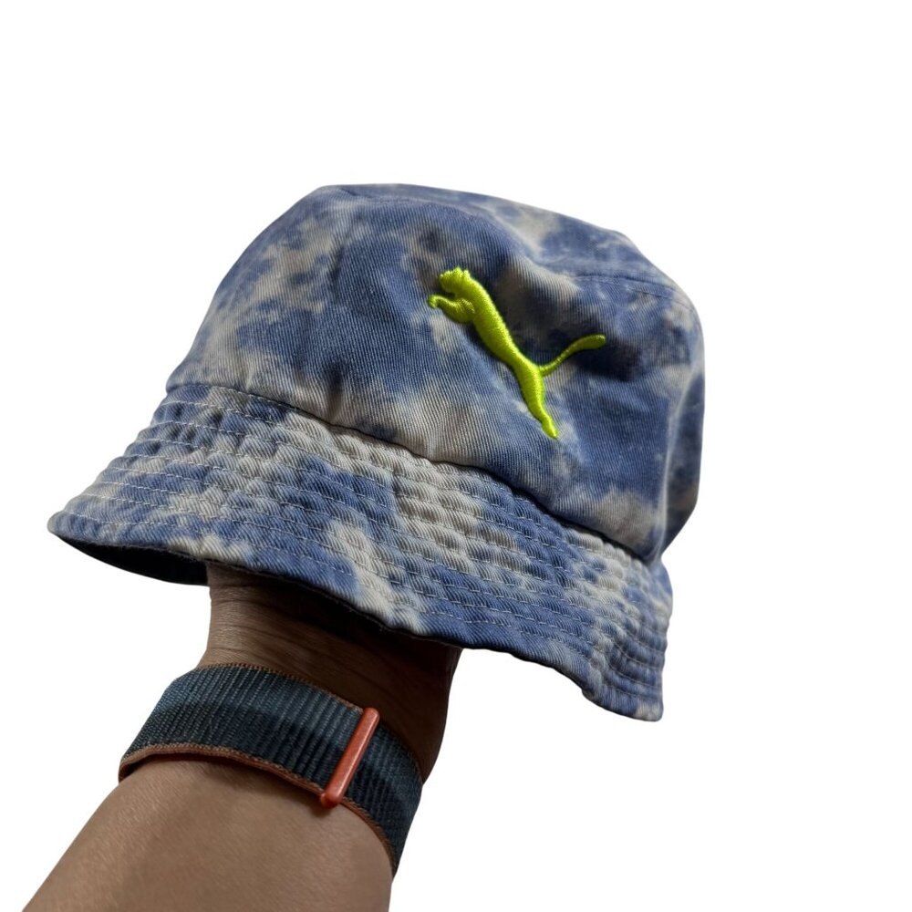 Puma Women's Juno bucket Hat Blue Tie-Dye Cotton Neon Yellow Logo OS